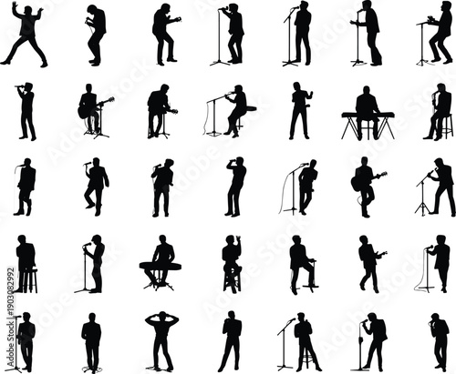 Collection of black musician silhouettes performing with instruments, singers and bands on white background, concert performance poses, music industry concept illustration set