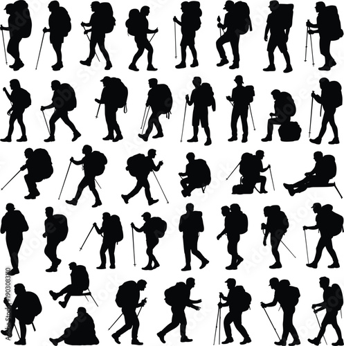 Collection of hiking and trekking people silhouettes showing backpackers walking, climbing, resting and exploring nature outdoors isolated on white background