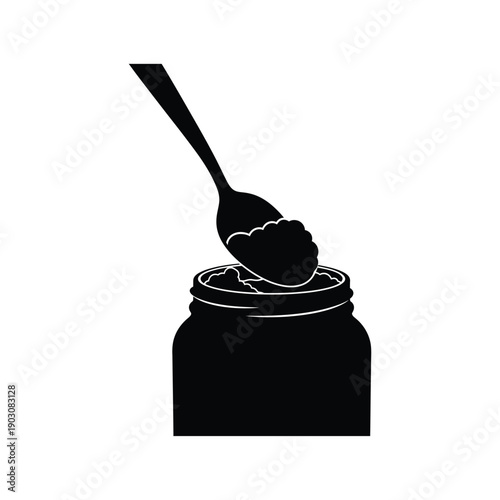 Spoon with food going into jar, vector illustration, isolated on white