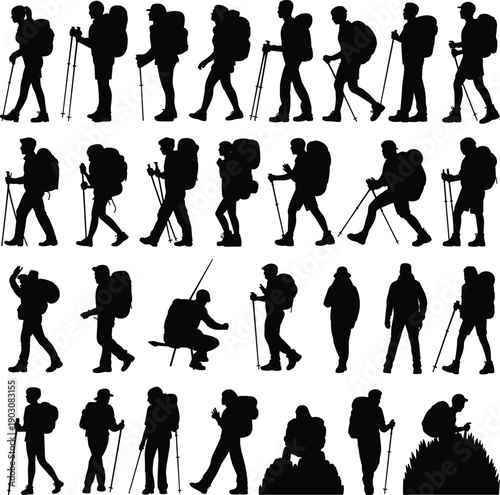 Collection of hiking silhouettes showing backpackers trekking, walking, resting and exploring outdoors, isolated black figures for travel, adventure, trekking, camping and outdoor lifestyle concepts