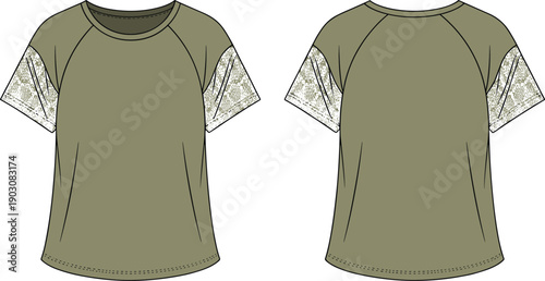 Front and back views of a short-sleeved olive green t-shirt with contrasting patterned sleeves and stitched details