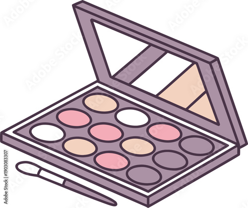 Open purple eyeshadow palette with brush and mirror inside makeup beauty