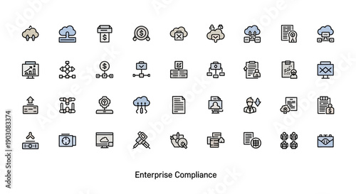 Enterprise Compliance Icons: Cloud Data, Workflow, Security, Analytics