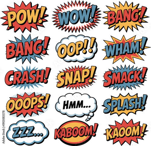 Colorful comic book sound effects set featuring pow wow bang crash splash text bubbles, pop art speech balloons, cartoon action words, dynamic retro vector illustration