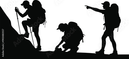 Silhouettes of hikers engaged in various trekking activities on a white background showcasing mountain climbing and navigation