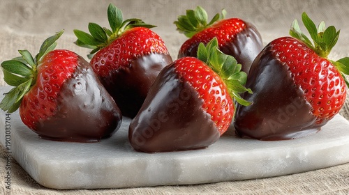 Six Chocolate Dipped Strawberries on Marble Plate