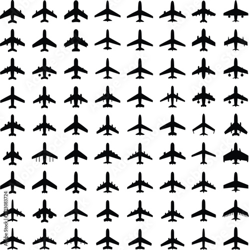 Seamless pattern of airplane silhouettes viewed from above, repeating aircraft icons in black and white, symbolizing aviation travel, transportation industry, flight routes, and air traffic design