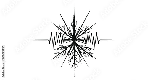 Abstract symmetrical design merging sound waves with branching roots, symbolizing growth and connection.