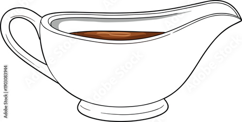 White gravy boat illustration filled with brown sauce, classic kitchen serving vessel design for culinary and dining graphics