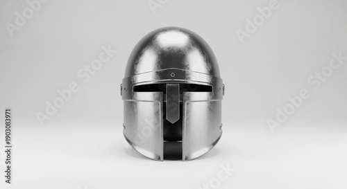Stunning silver futuristic helmet with strong metallic sheen on plain background digital art