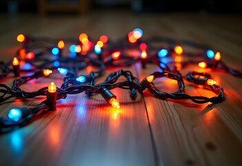 Glowing colorful fairy lights on wooden floor bokeh background