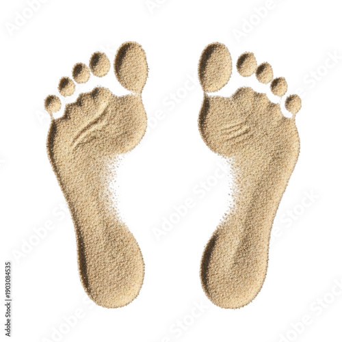 A pair of footprints in the sand, showing the impression of toes and heels.