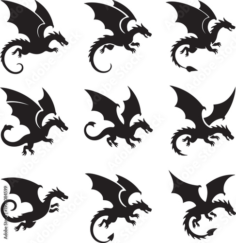 set of black dragon silhouettes on white background