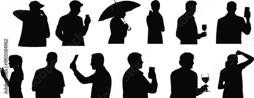 Adult people silhouettes set showing men and women using smartphone drinking wine holding umbrella isolated on white background