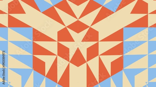 Geometric pattern with orange, beige, and blue shapes forming a star design.