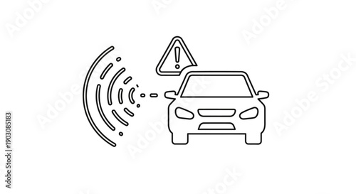 This line illustration depicts a car surrounded by signal waves and a warning symbol, representing advanced driver assistance systems and smart vehicle safety technology. The image symbolizes collisio
