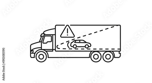 This illustration shows a delivery truck with a warning symbol, representing logistics transportation, cargo movement, and road safety in commercial operations. The image symbolizes freight transport,