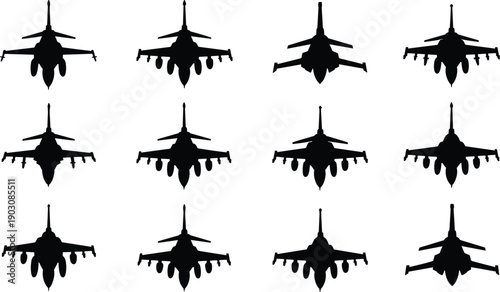 Twelve black silhouette fighter jet airplanes presented from diverse frontal and angled aerial views for aerospace and defense concepts