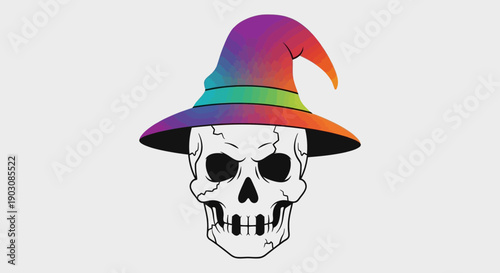 Mystical skeletal head adorned with a vibrant rainbow wizard's hat illustration
