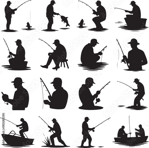 set of black silhouettes of men fishing in various poses on white background