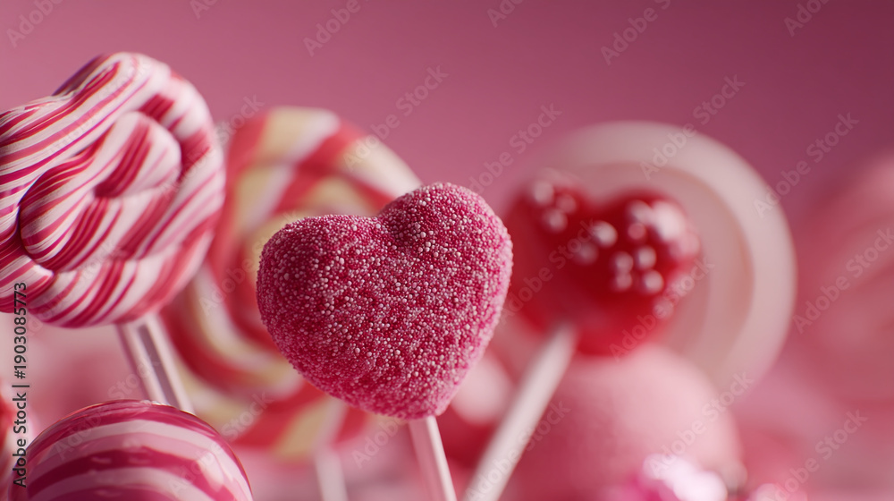 Obraz premium A close-up view of various pink and red heart-shaped lollipops on a pink background for Valentine's Day