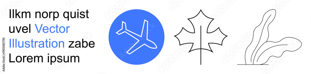 Fototapeta premium Travel, nature, graphic design, aviation, minimalism, concepts. Blue airplane symbol, maple leaf outline and plant sketch. Travel and nature for diverse creative projects