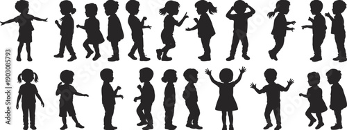 Children silhouettes set with boys and girls in playful poses isolated on white background for education childhood design projects