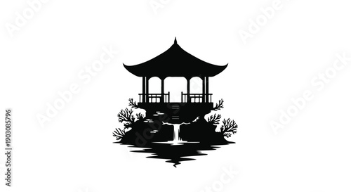 Serene silhouette of a traditional pavilion overlooking tranquil water with lush foliage