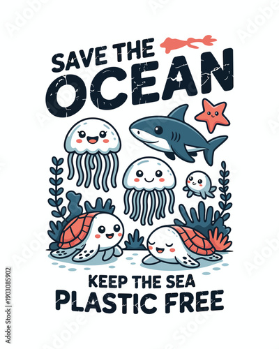 Save the Ocean Plastic Free Sea Animals Vector Illustration