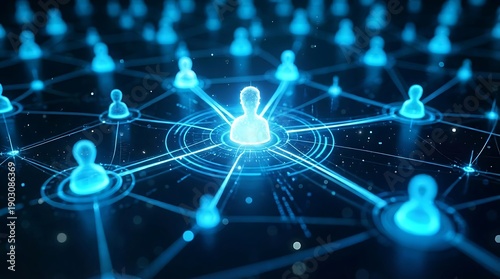 A glowing blue network of interconnected nodes and lines representing a complex system or digital communication