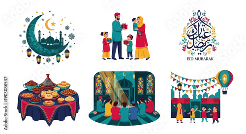 Vibrant Eid Mubarak celebration scenes with family and traditional food