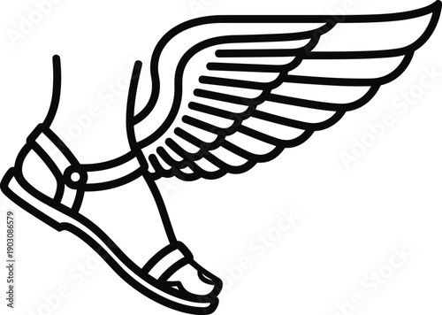 Winged sandal vector illustration, mythological Hermes Mercury footwear symbol, speed agility communication design, black line art graphic icon
