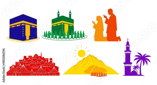 Vibrant Islamic symbols and pilgrimage scenes collection