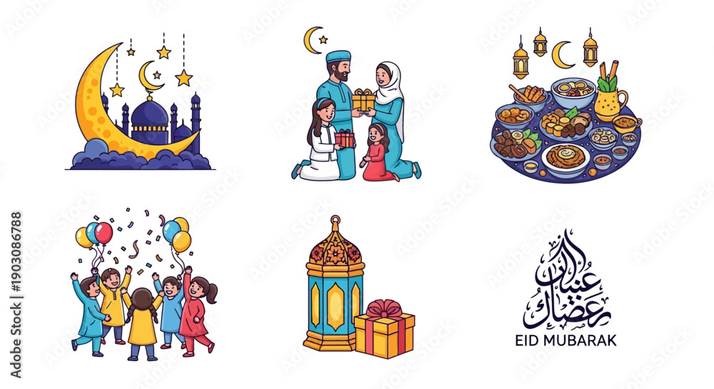 Fototapeta premium Vibrant Eid Mubarak celebration with family and traditional food