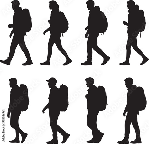 set of people walking with backpacks in different poses