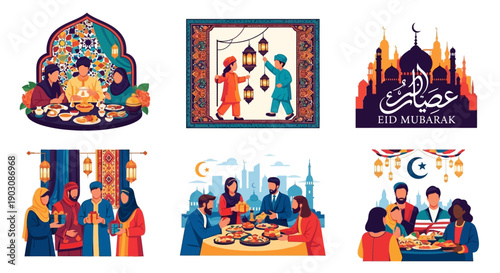 Vibrant Eid Mubarak celebrations with diverse people enjoying traditional food and lanterns
