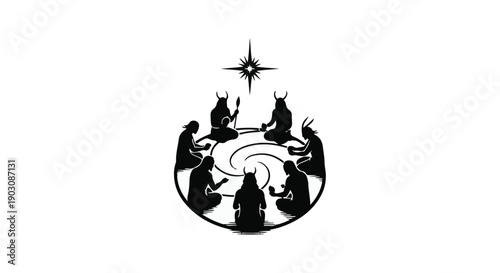 Mystical circle of silhouetted figures with horns gather under a celestial star