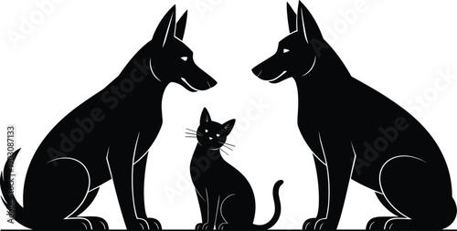 Dog and cat silhouette illustration set, domestic pet animals, black contour canine feline symbol, veterinary care lifestyle decorative icon