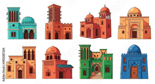 Vibrant cartoon buildings with domes and towers in various colors