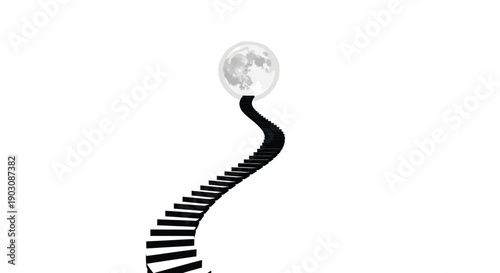 Black winding staircase leads directly up toward a bright full moon against white space