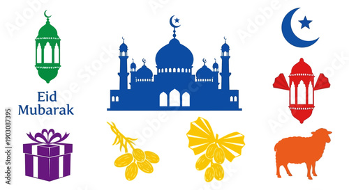 Vibrant Eid Mubarak celebration elements with mosque and symbols