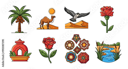 Vibrant desert oasis scene with camel, palm tree, and rose