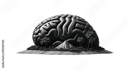 Surreal monochrome conceptual artwork featuring a brain as a mysterious tropical island landscape
