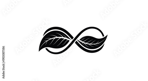 Black and white icon symbolizing perpetual nature cycles represented by leaves within an infinity loop