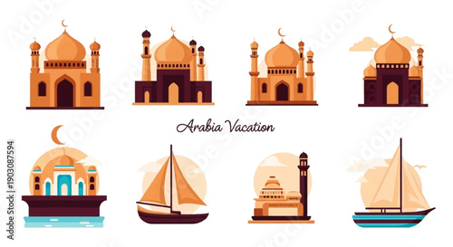 Arabian vacation travel graphics with mosques and boats