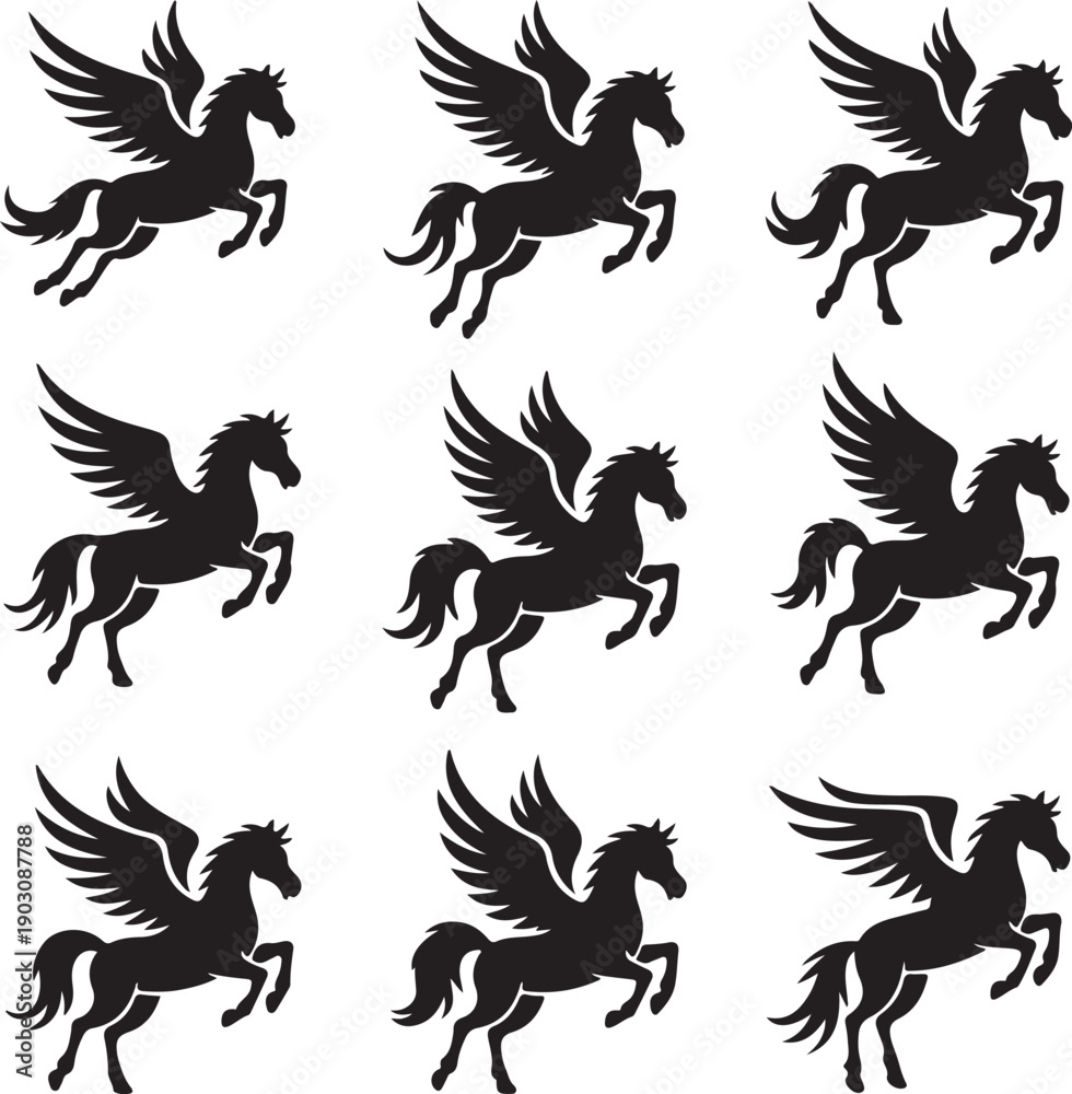 Obraz premium set of winged horse silhouettes flying and running