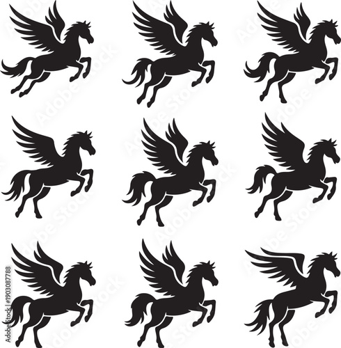 set of winged horse silhouettes flying and running