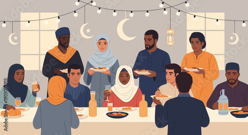 Diverse group of people enjoying traditional meal together at a table