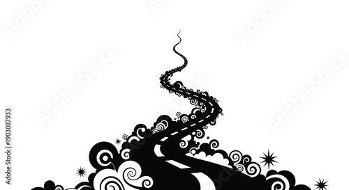 Stylized black and white winding road graphic ascending towards a distant vanishing point