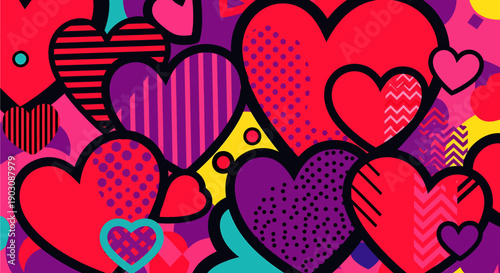 A vibrant, colorful pop art pattern of hearts with various textures and designs, creating an energetic and joyful background.
